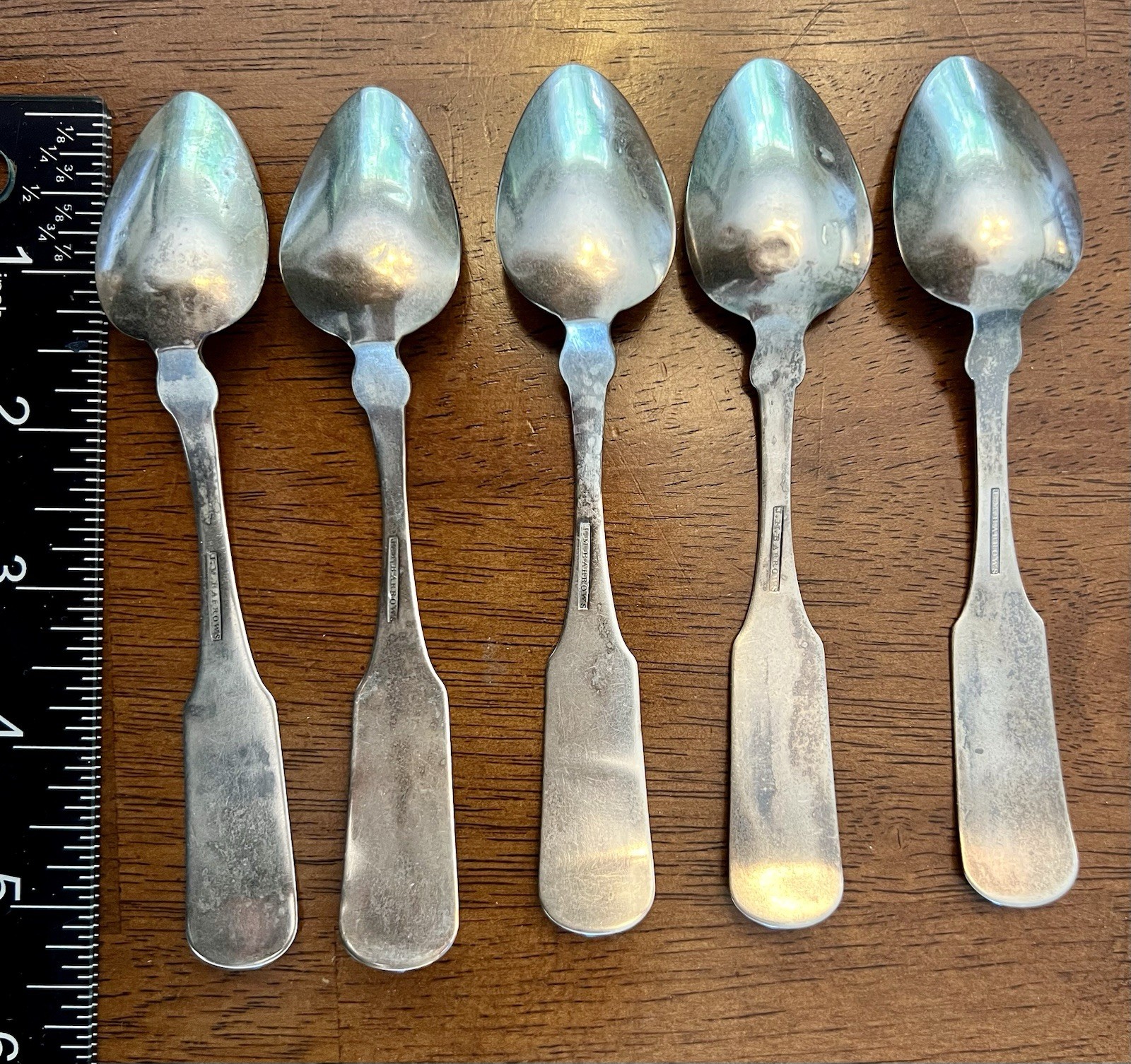 Silver Spoon Set/5 JM Barrows 19th C Antique Vintage Coin Silver Tea Spoons