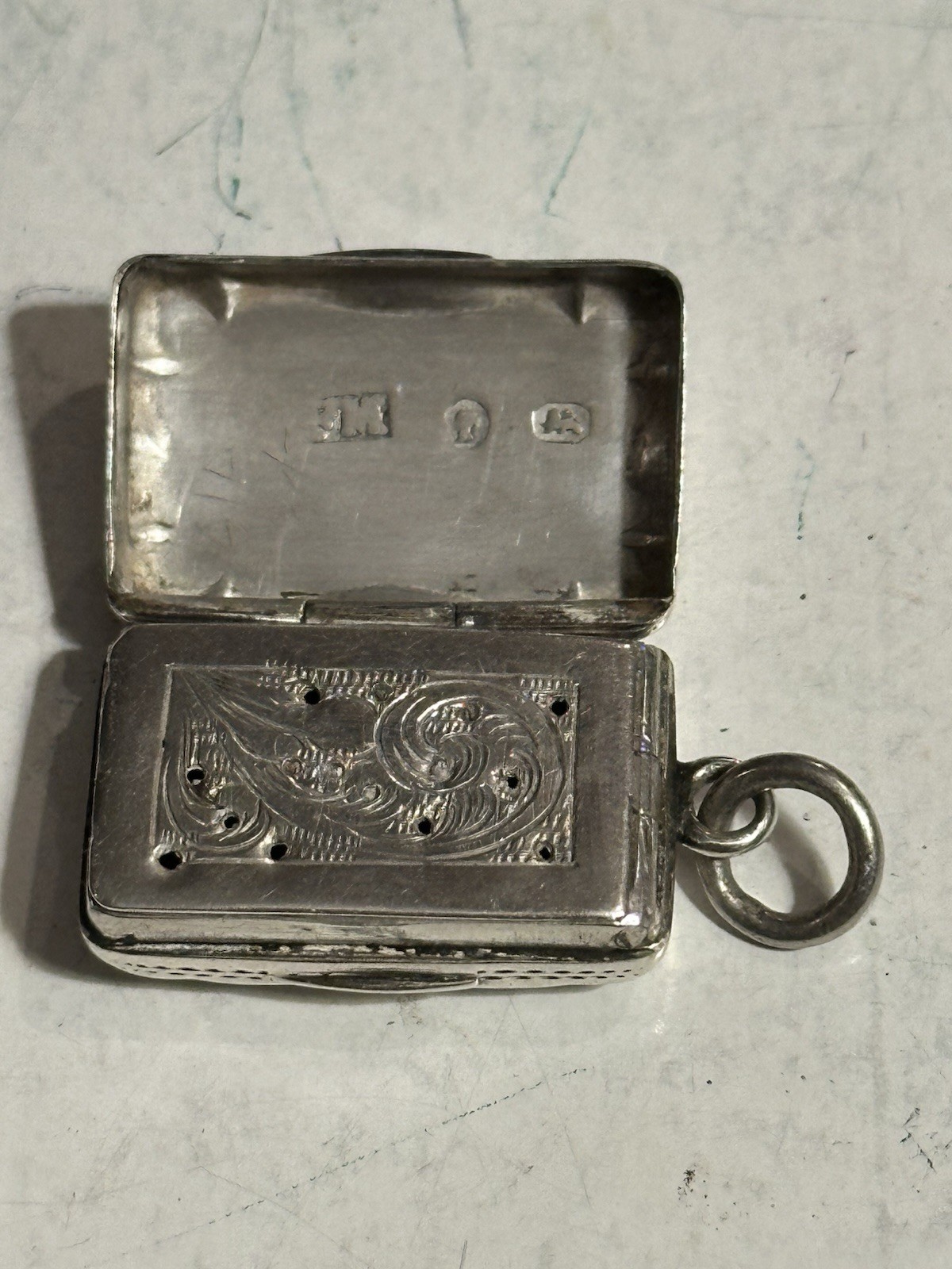 VICTORIAN SILVER VINAIGRETTE FREDERICK MARSON BIRMINGHAM 1862 PENDANT ENGRAVED