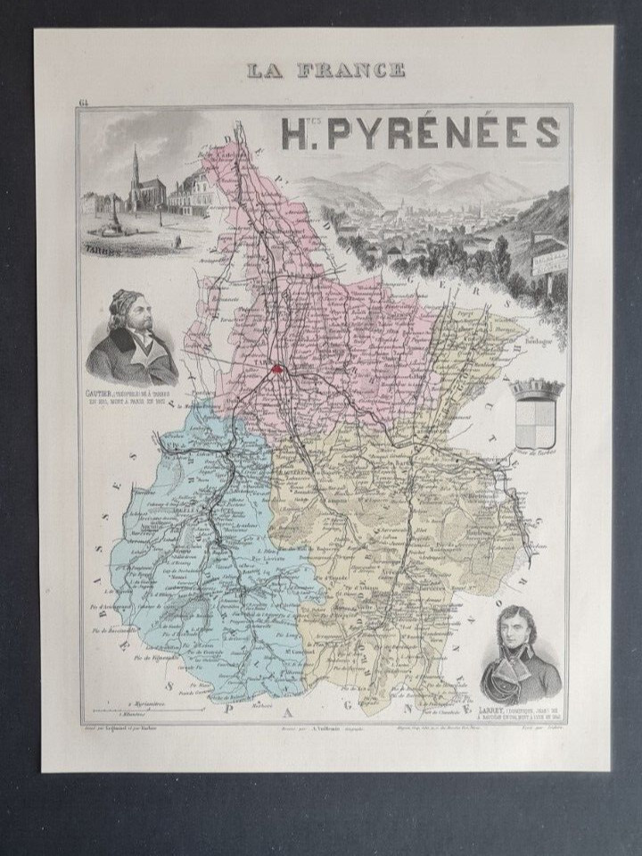 Antique (1882) map -Hautes Pyrenees – Tarbes – France – Vuillemin