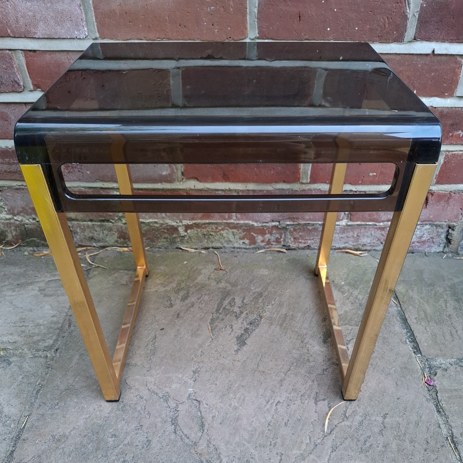 Vintage Marc Berthier for Prisunic Spaceage Brown Acrylic Gold Metal Side Table