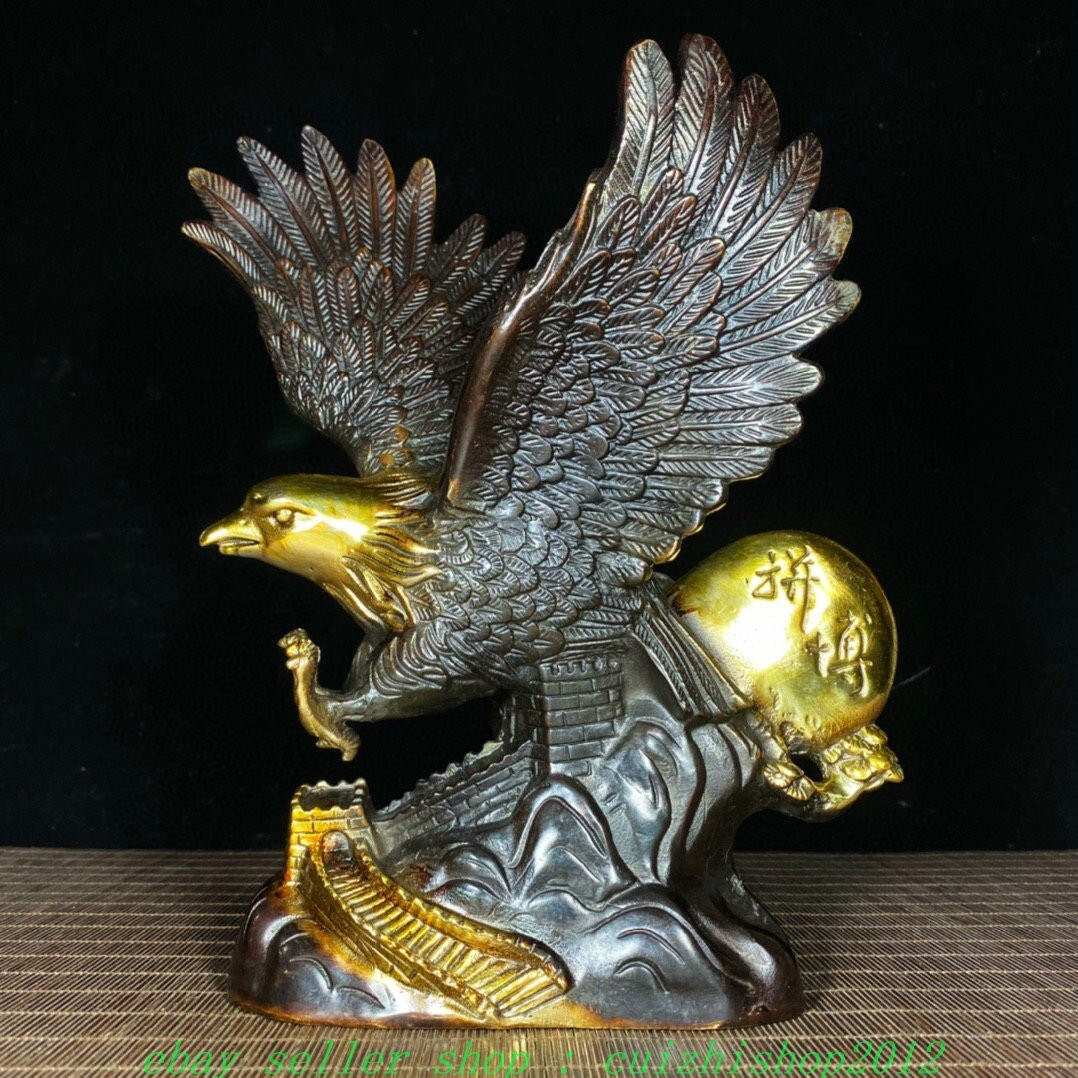 10″ Old Chinese Dynasty Marked Bronze Gilt Feng Shui Eagle Hawk Animal Statue