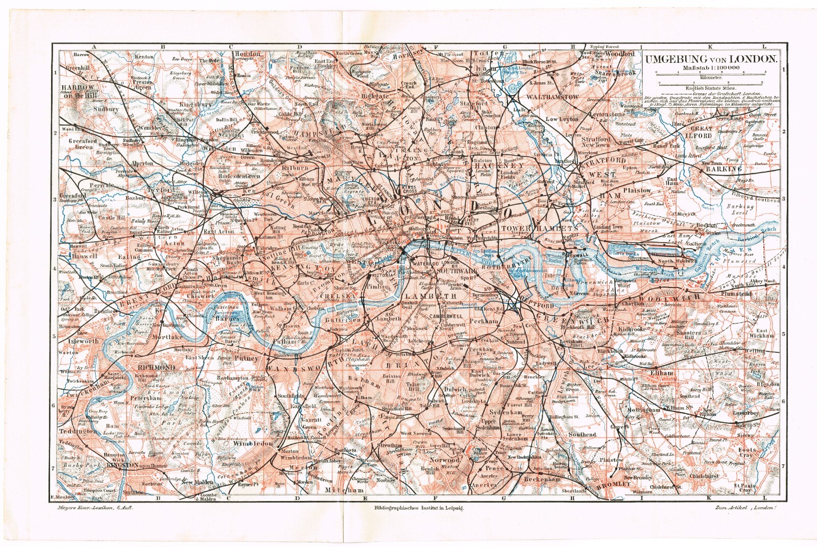 LONDON map ENGLAND ORIGINAL 1914 UNITED KINGDOM map