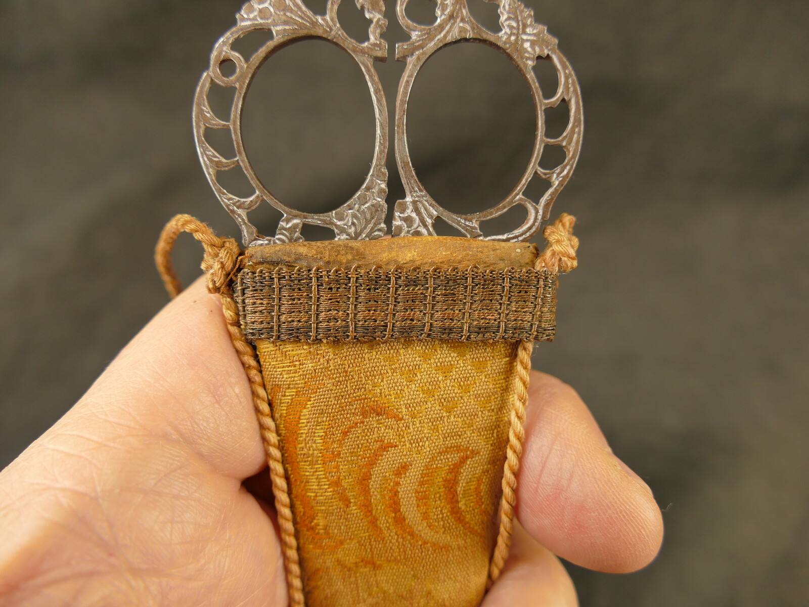 ANTIQUE ITALIAN PIERCED STEEL SCISSORS W/ BROCADE CASE TAOS ARTIST PROVENANCE