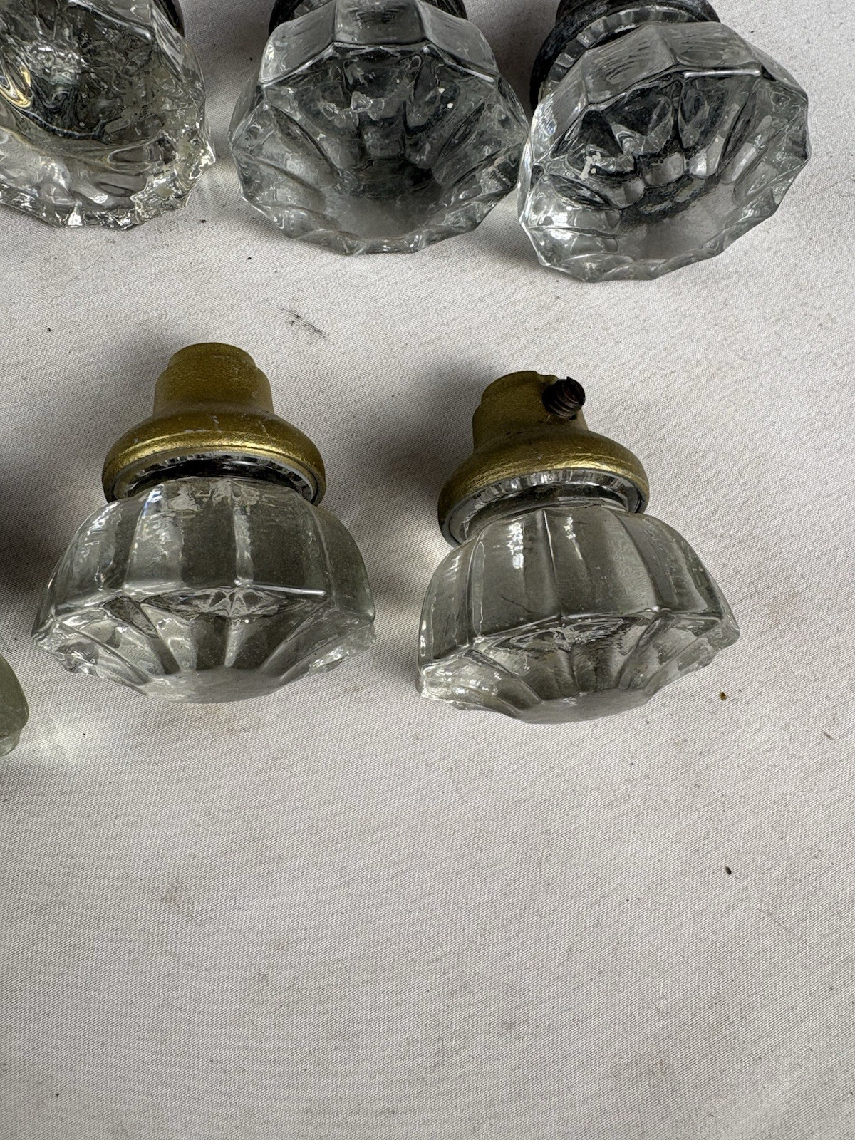 Lot Antique Pressed Glass Door Knobs w Spindles Mixed Finishes Brass Nickel Iron