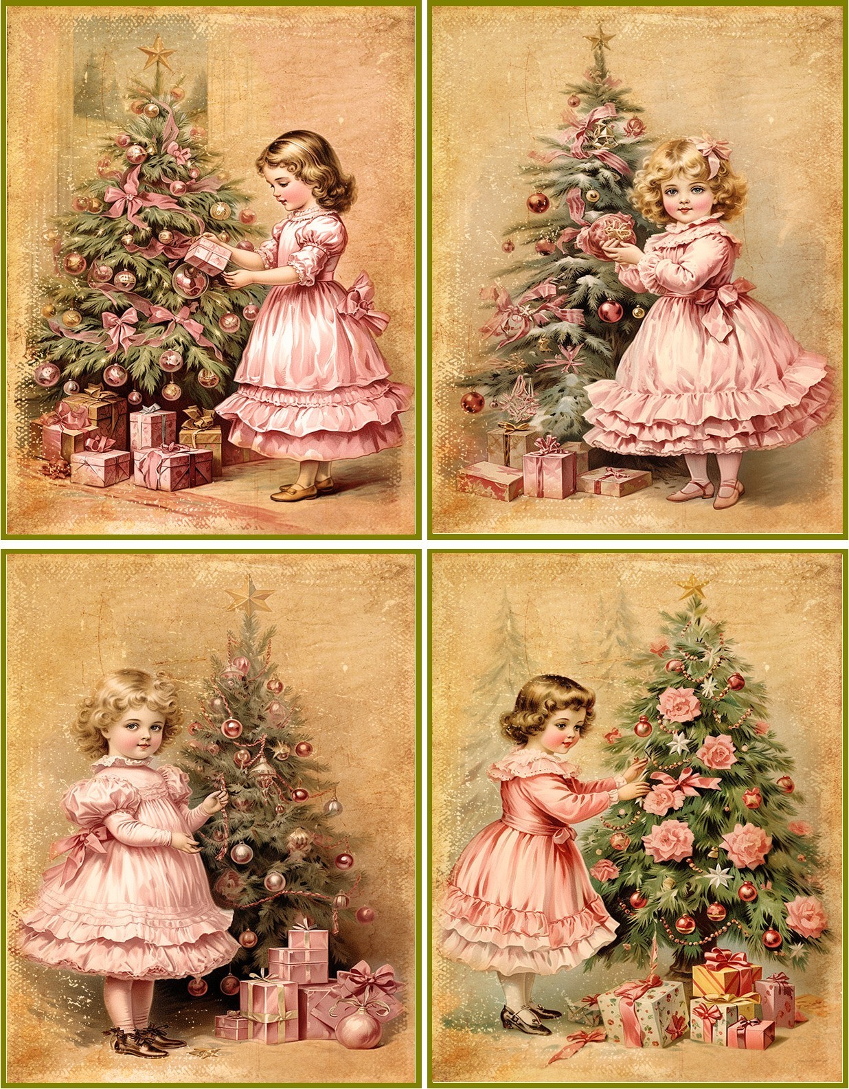 8 Christmas Vintage Victorian girl in pink decorating tree glossy blank fold out