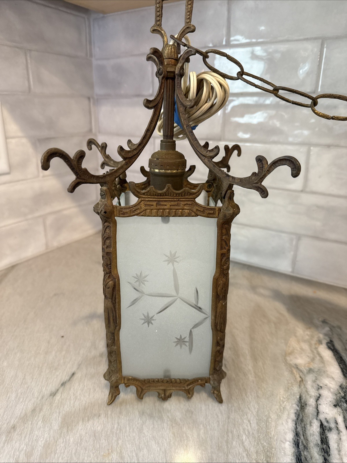 Antique Art Nouveau Jugendstil Asian Hanging Lantern Bronze Brass Glass