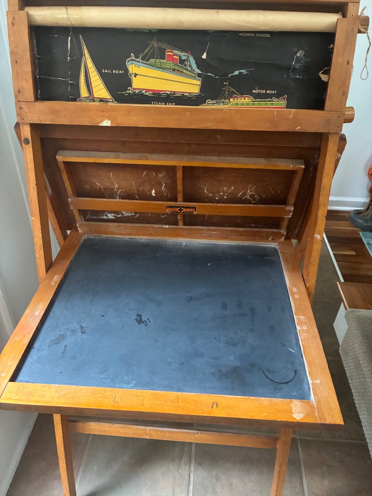 Antique Slate Chalk Board & Scroll Desk Teaching Aid Folding ~ Western New York