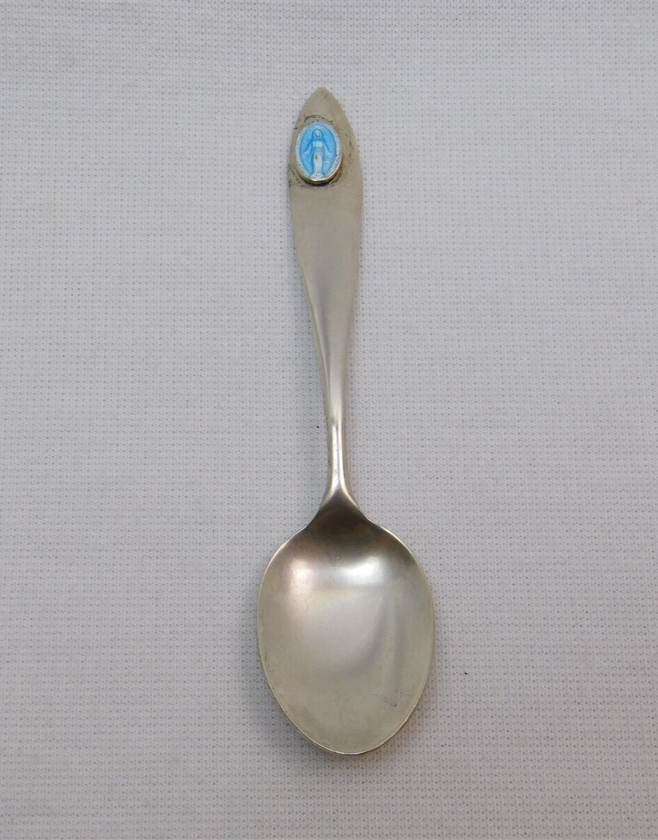 Vintage Blue Enamel Miraculous Medal Mother Mary Sterling Infant Baby Spoon