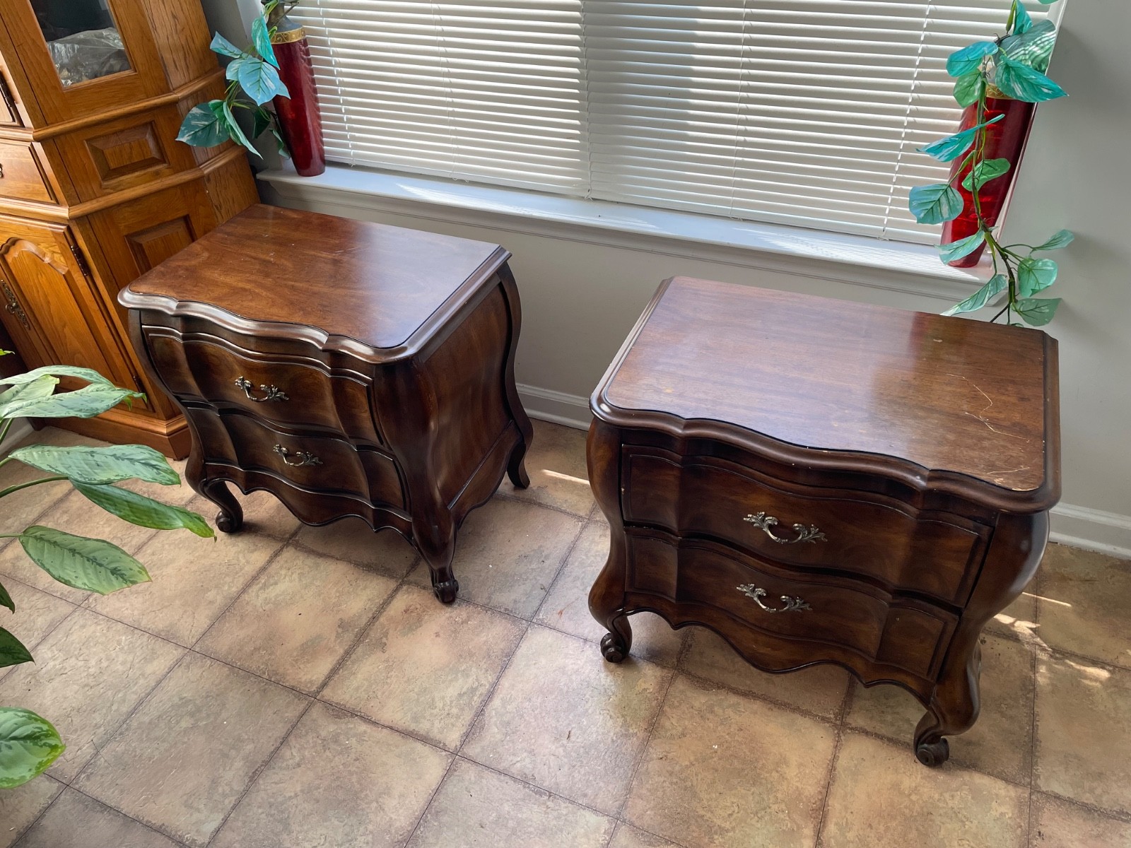 French Provincial Bombe Nightstands – Burl Walnut, Original Finish