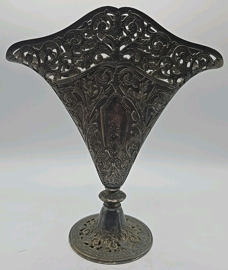 1991 GSA Godinger Silver Art Nouveau Pierced Flat Fan Shaped Vase Silverplated