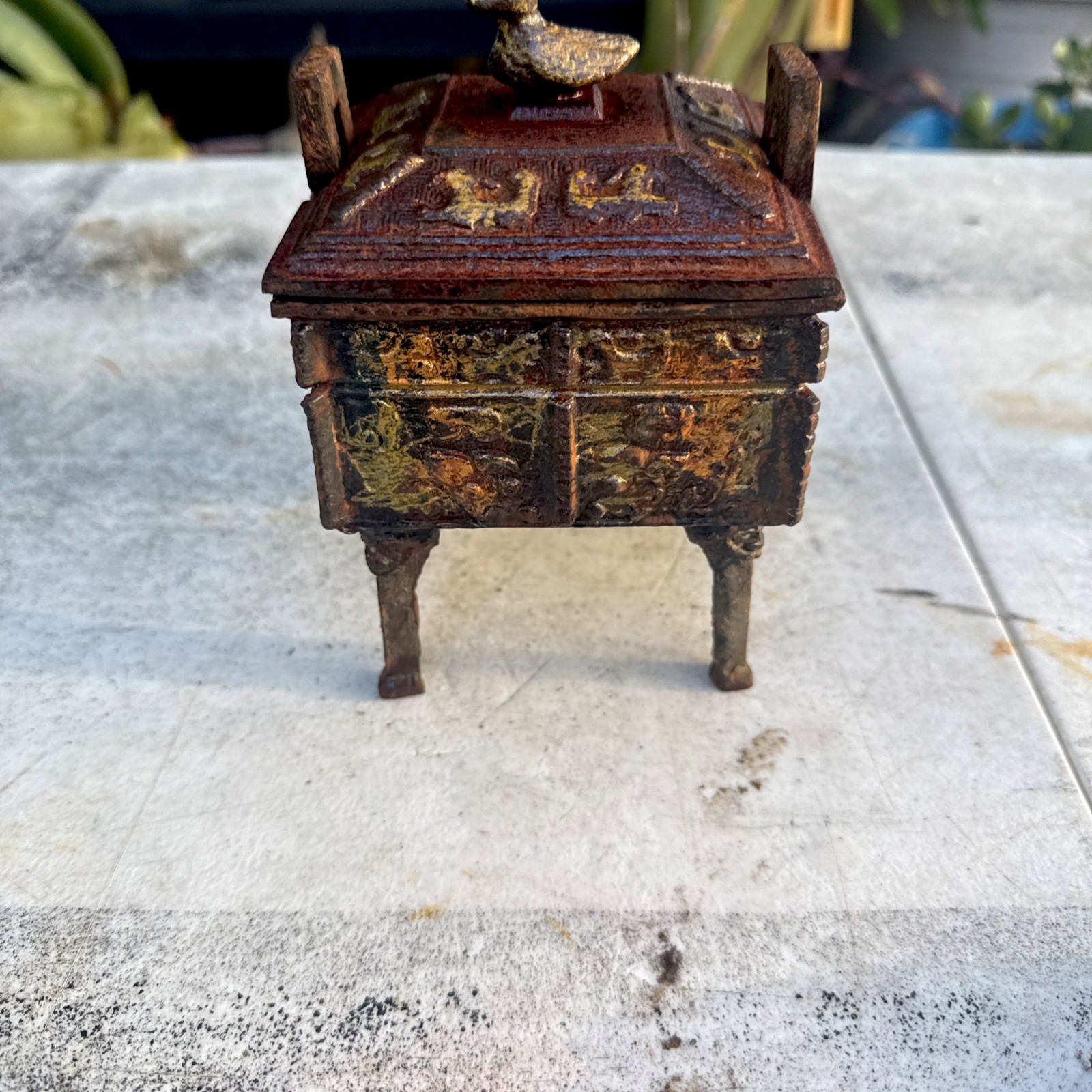 Archaic Chinese Ceremonial Censer Gilded Cast Iron Marked 4×4” Bird Finial