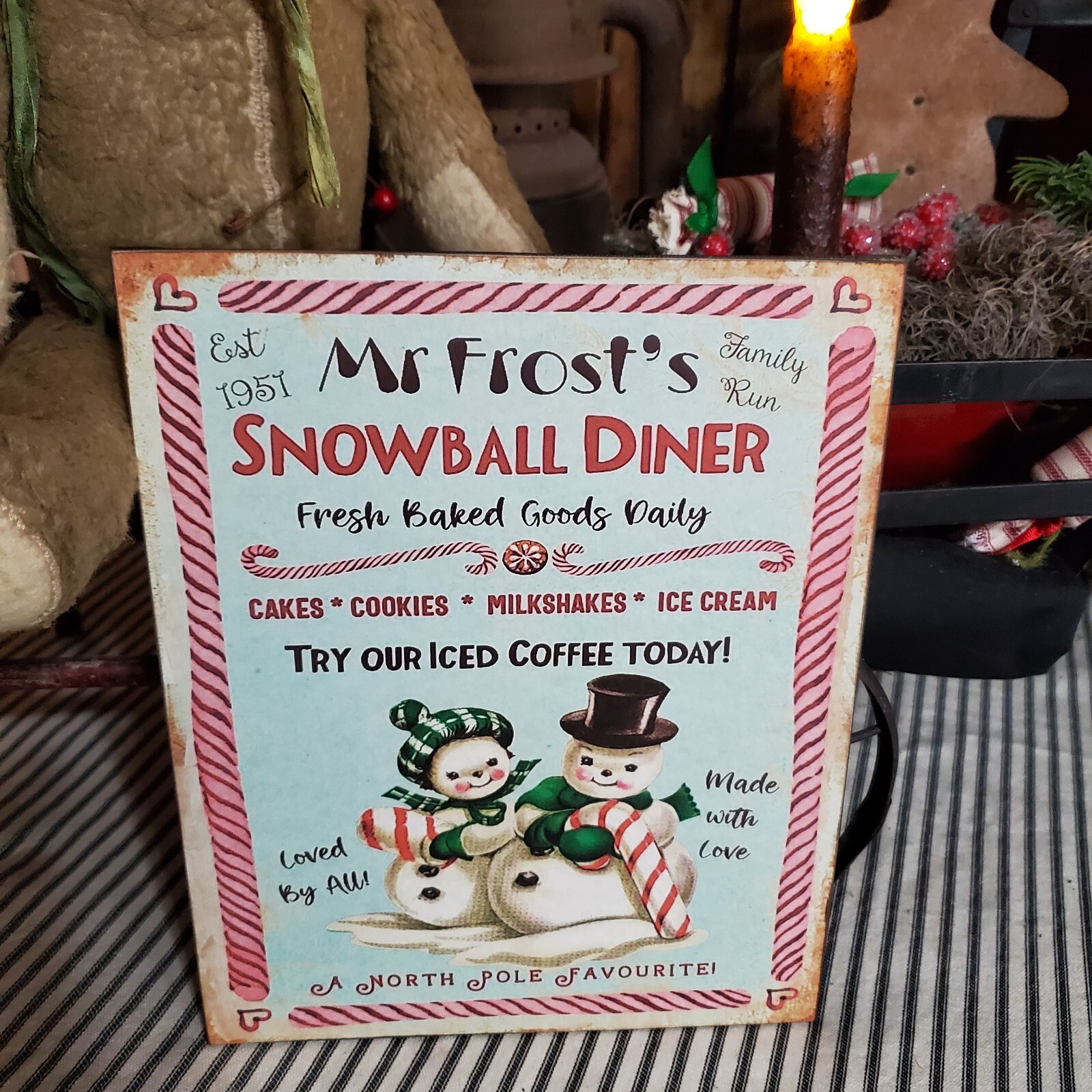 PRIMITIVE VICTORIAN VINTAGE OLD STYLE CHRISTMAS MR. FROSTS SNOWMAN DINER SIGN