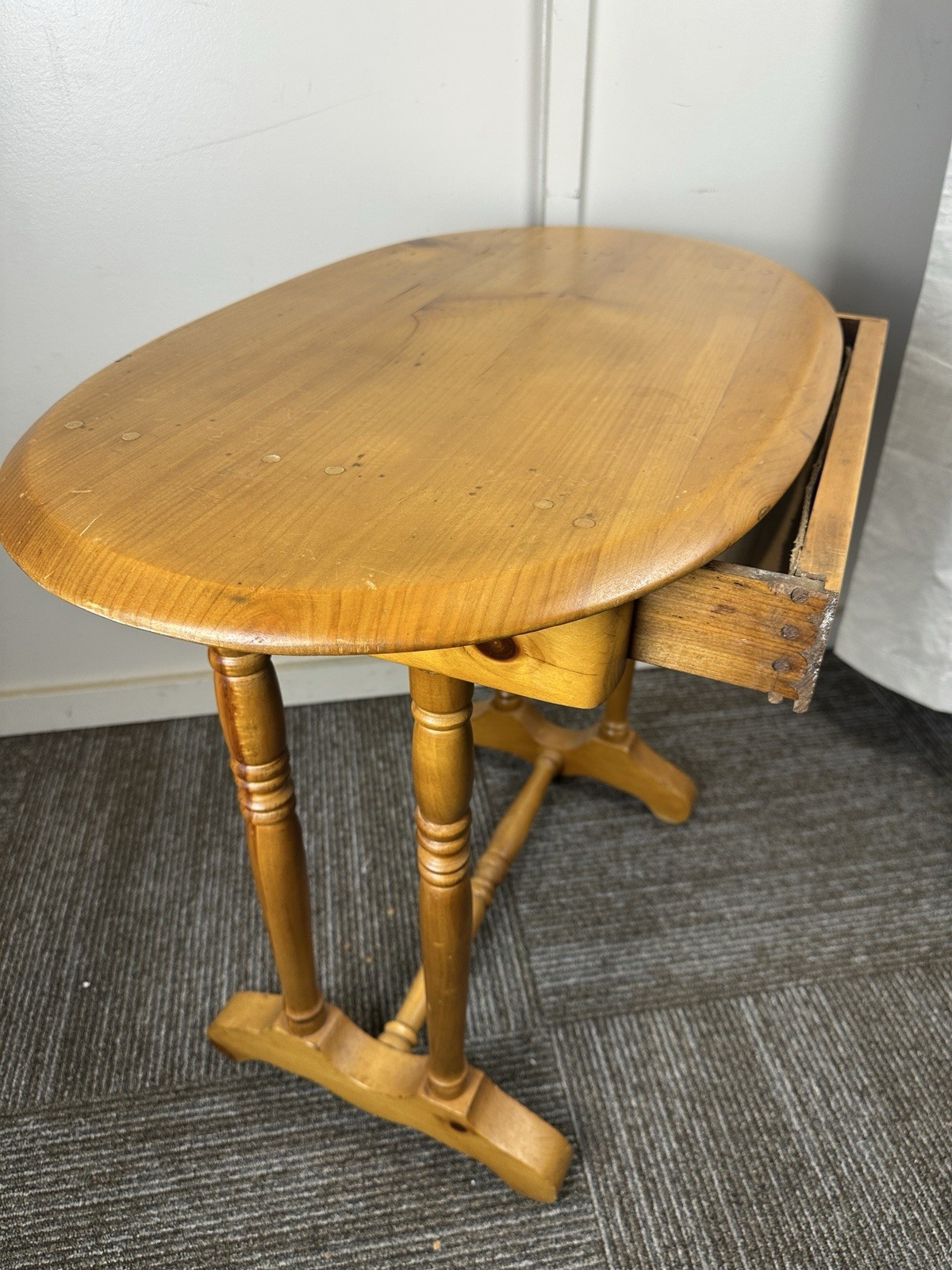 Antique Pine Bedside Table C. 1890-1915 Pegged Construction Oval Top Solid Wood
