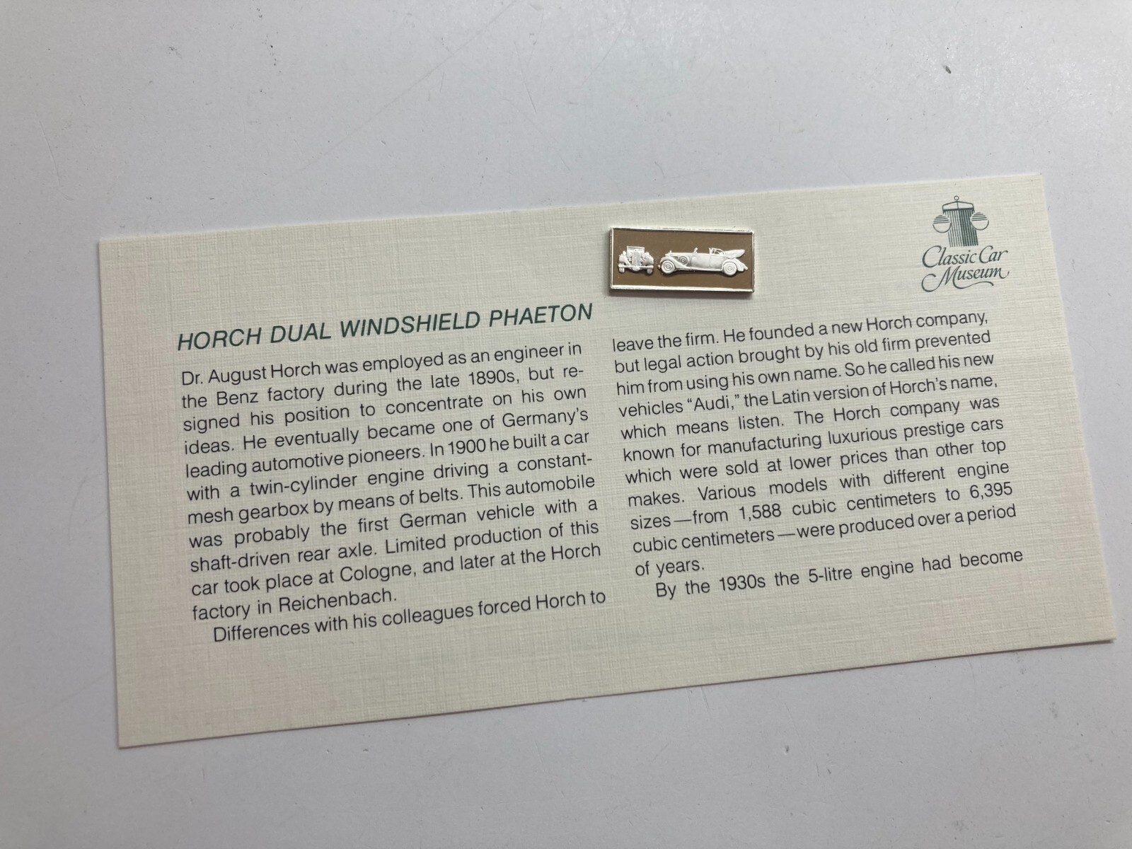 1980 Franklin Mint Official Classic Car Collection Silver Ingot Horch Dual