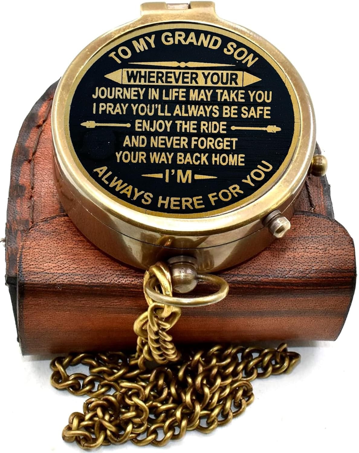 Engraved Brass Pocket Compass Magnetic Nautical Gift for Grandson Leather Case