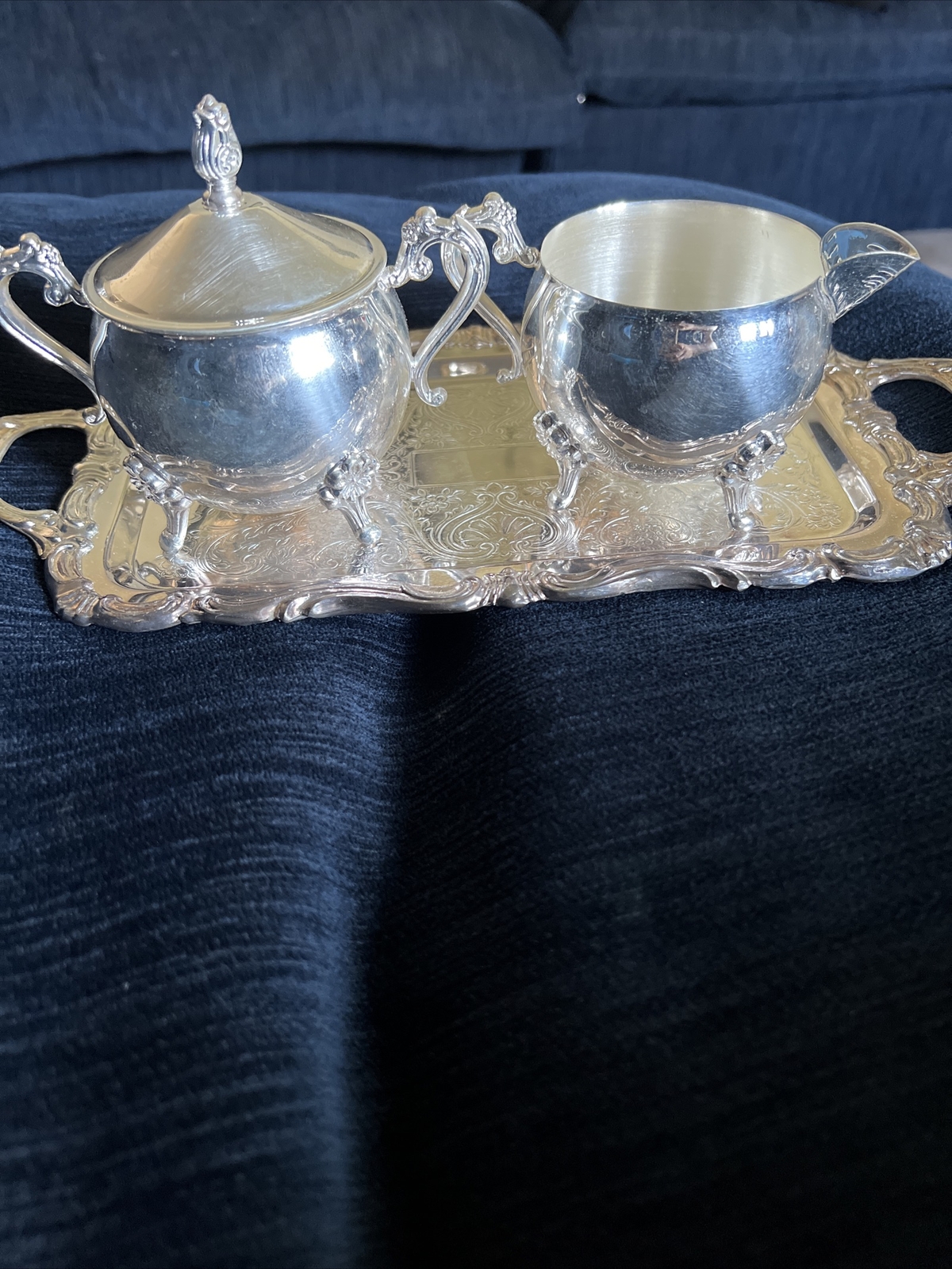 Leonard Silverplate Tarnished Sugar Bowl & Creamer & tray F.B.ROGERS SILVER CO.