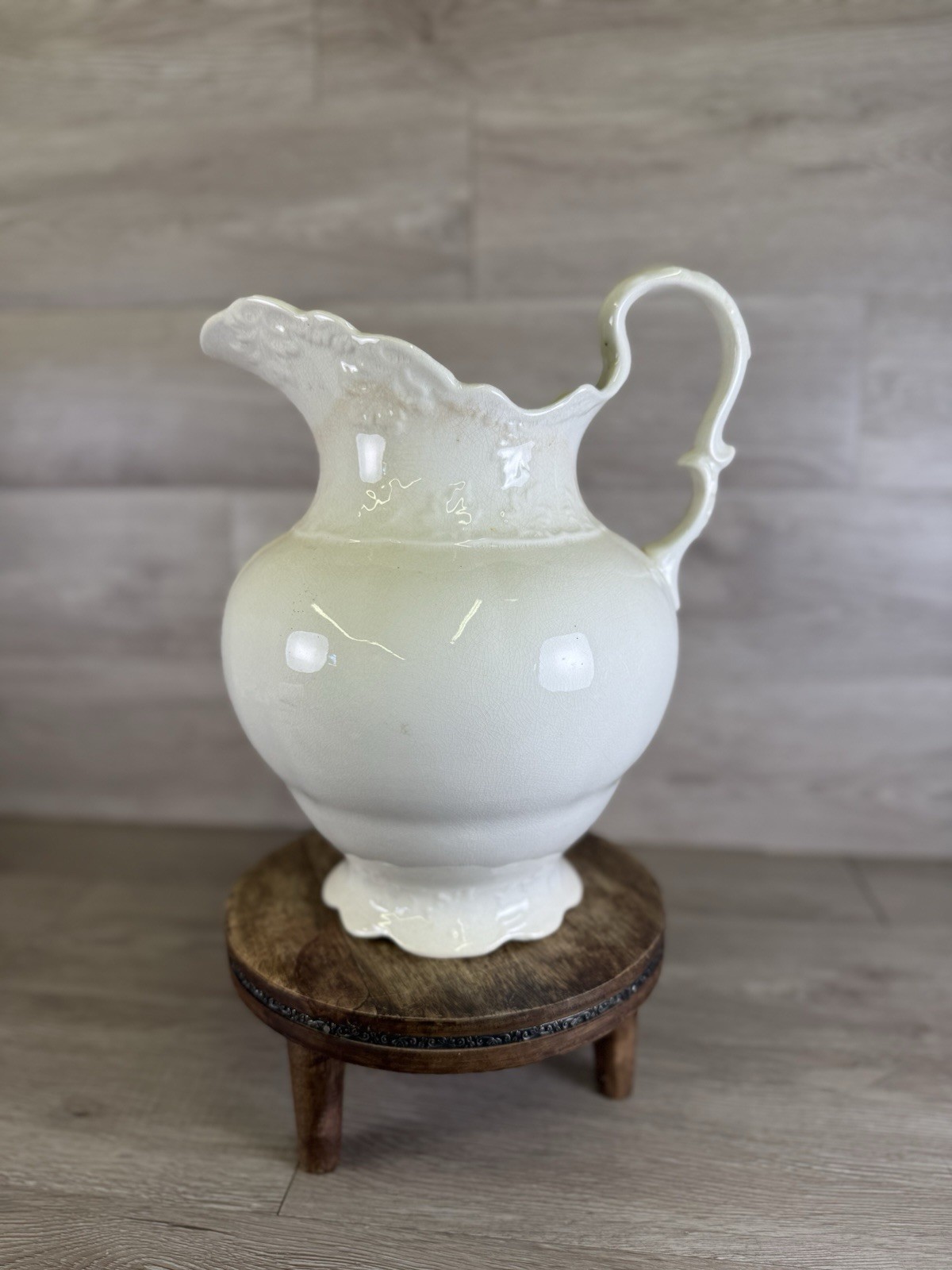 Antique KT&K (Stamped) Semi Vitreous Pure White Porcelain Pitcher with Crazing