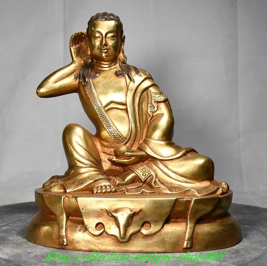 7.8″ Old Tibet Buddhism Temple Bronze Gilt Seat Milarepa Buddha Deer Head Statue