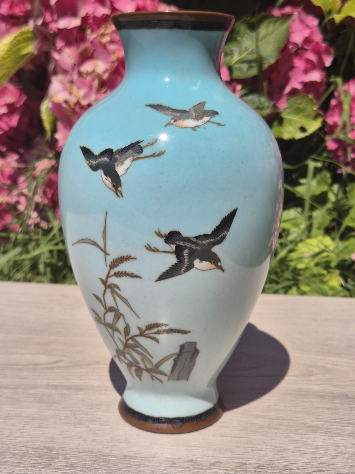Antique Japanese Cloisonne Vase Sky Blue Enamel Flying Birds & Florals – Meiji
