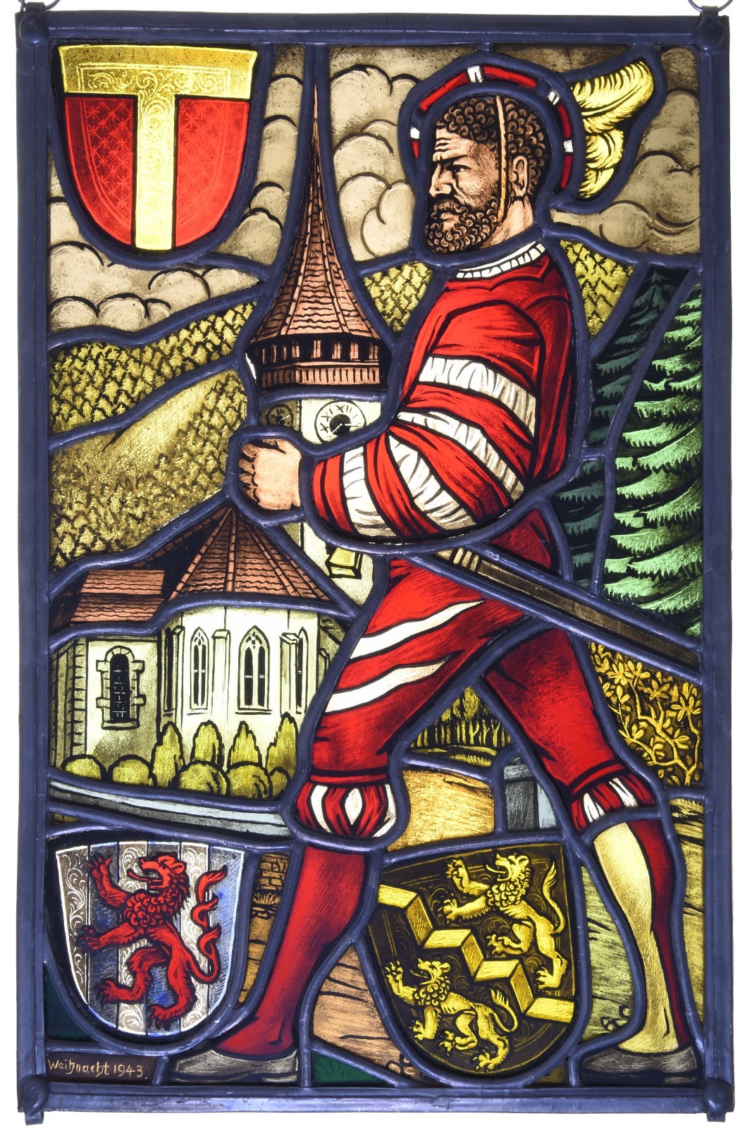 20th CENTURY SWISS STAINED GLASS PANEL CHRISTMAS 1943