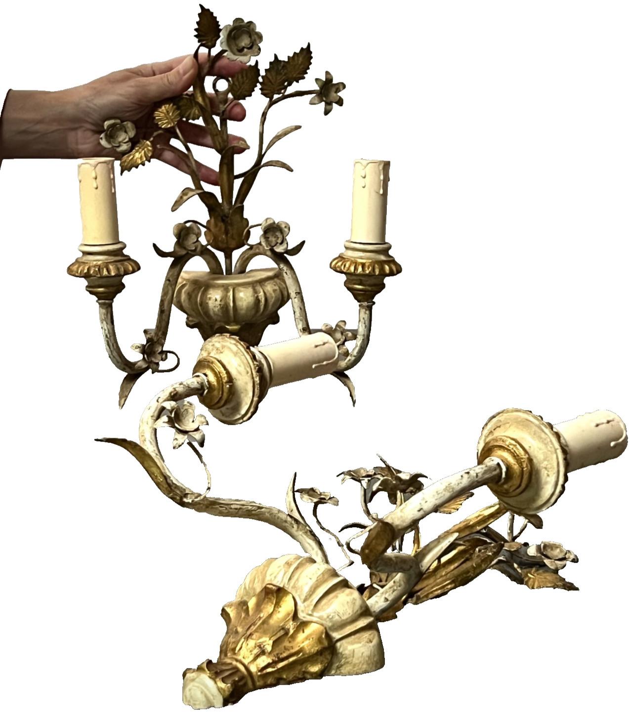 VINTAGE ITALIAN TOLEWARE CANDLE SCONCES PAIR FLORAL BOUQUET VENETIAN 1950/60s