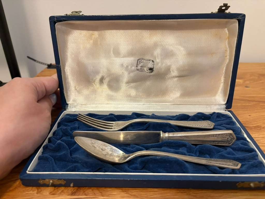 Vintage Boxed 800 Silver Baby Child Cutlery Set / Fork Spoon Knife, Inox Blade