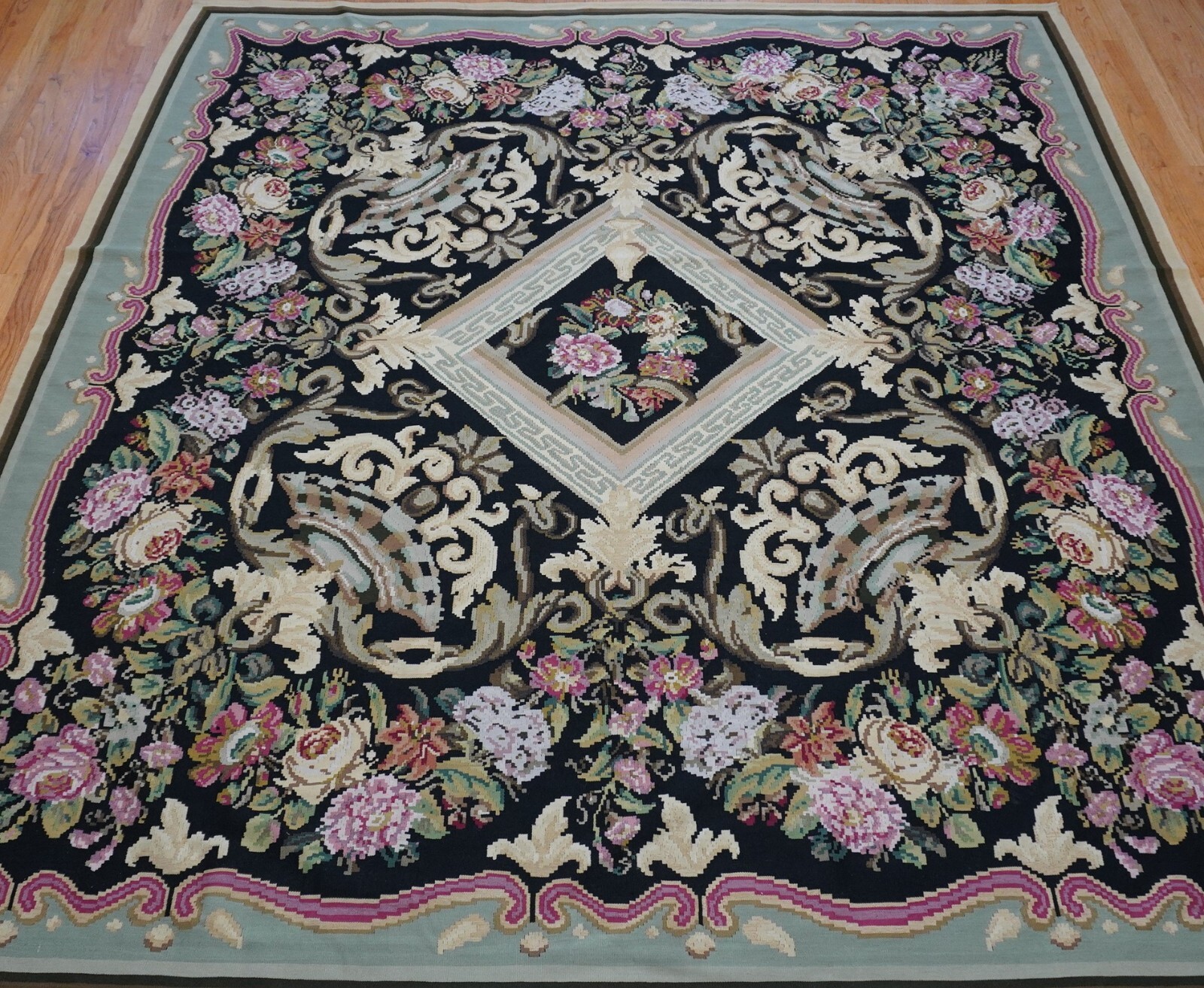 8’9″ x 9’8″ Antique Bessarabian Kilim Roses Flowers Handwoven Flatweave Rug