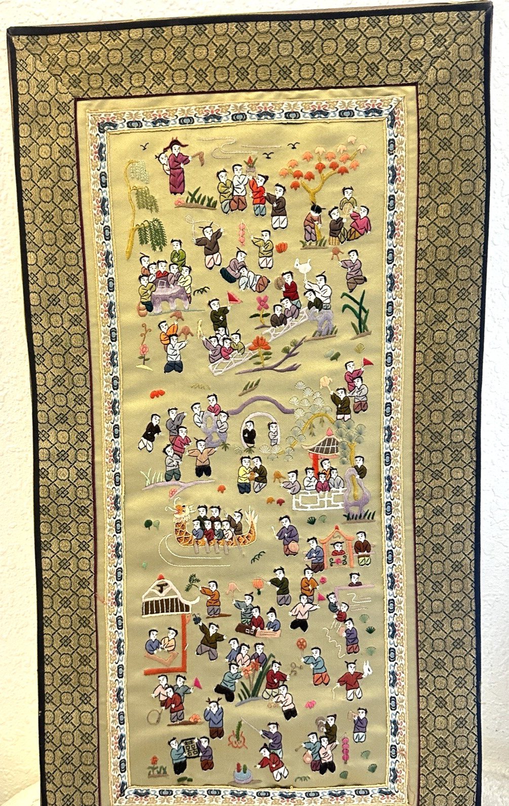 Vintage Chinese Embroidered Silk Panel Wall Hanging 100 Children 26×13 Mounted