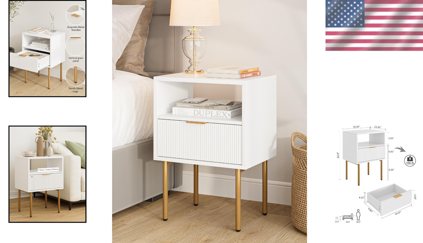 Versatile Nightstand with Storage Drawer – Gold Frame Small Modern Side Table