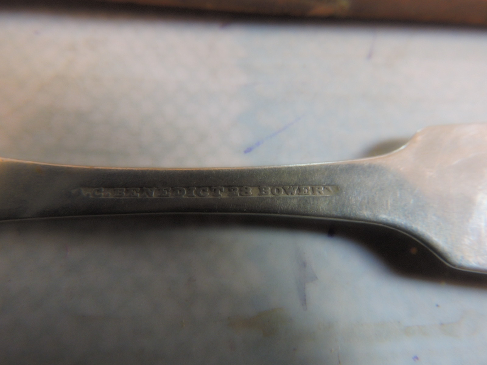 ca. 1830 Rare coin silver spoon made by C. Benedict of 28 BOWERY New York City