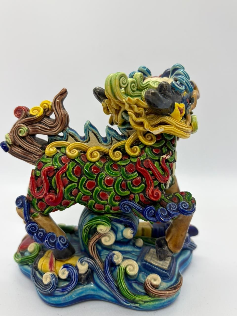 Chinese Qilin Kylin Ceramic Figurine Multicolor Glazed Porcelain Statue Feng Shu