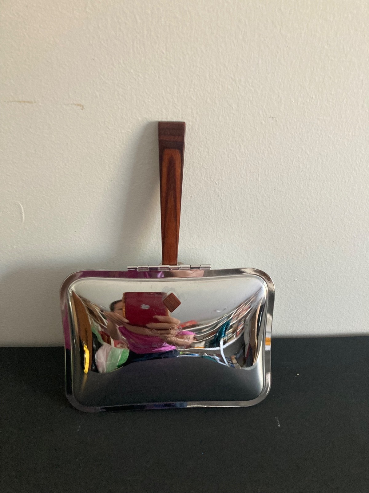 Vintage Ironware Warming Serving Pan Dish with Hinged Lid Wood Handle