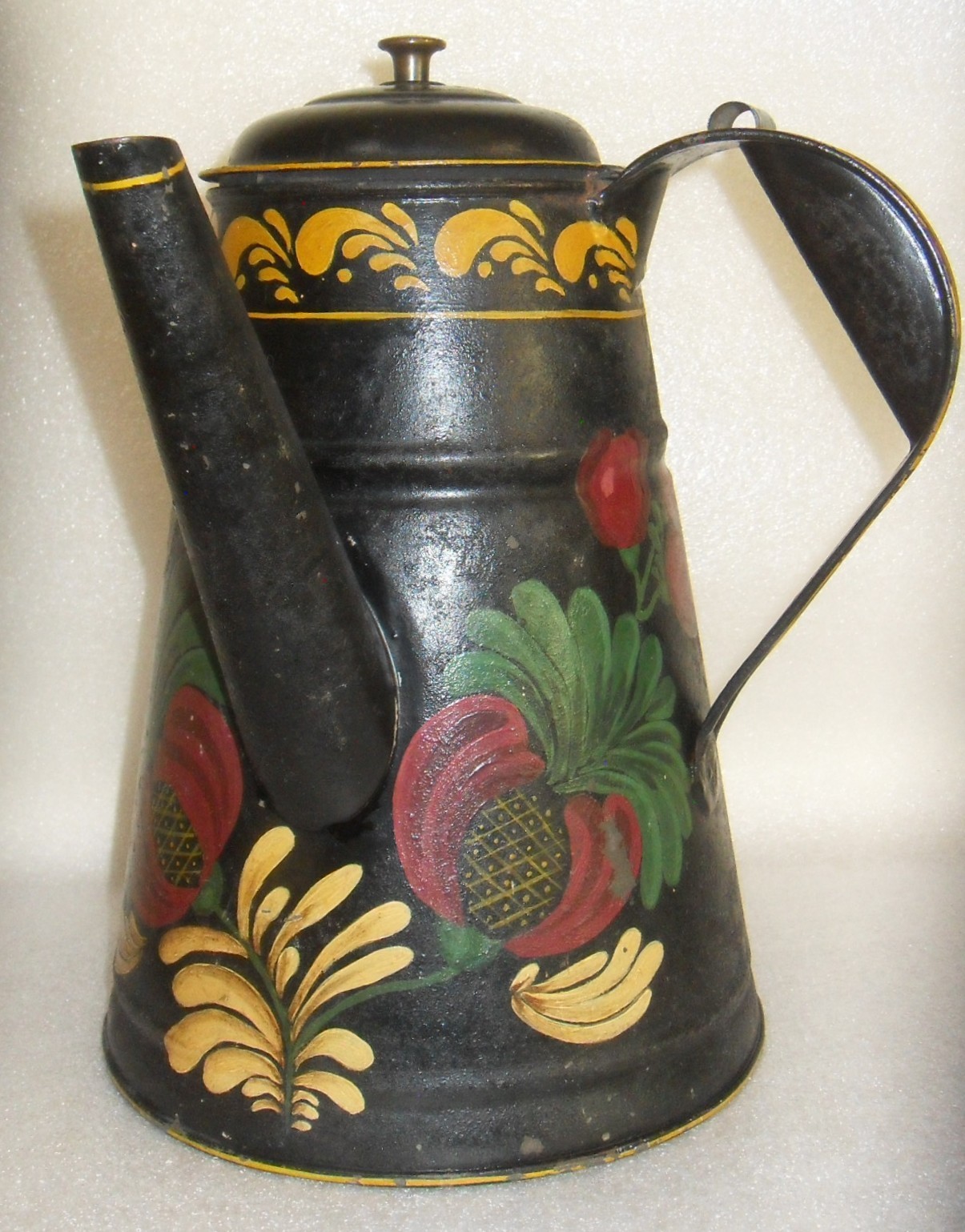 Antique Toleware Side Handle Coffee Pot Folk Art Kettle Large 9.75″