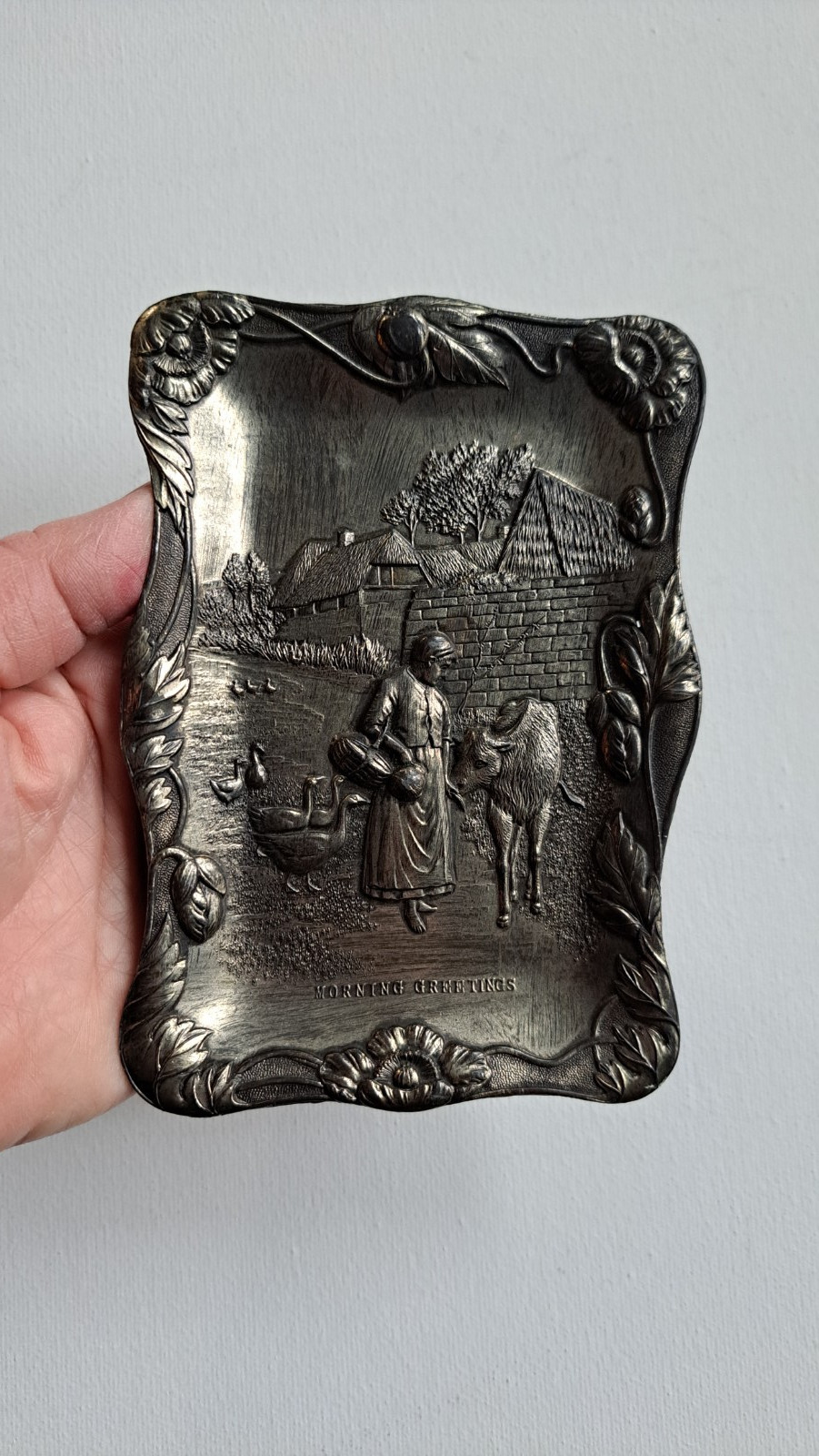 Antique Silver Plate EMBOSSED REPOUSSE TRAY TRINKET DISH Animal Floral Japan Cow