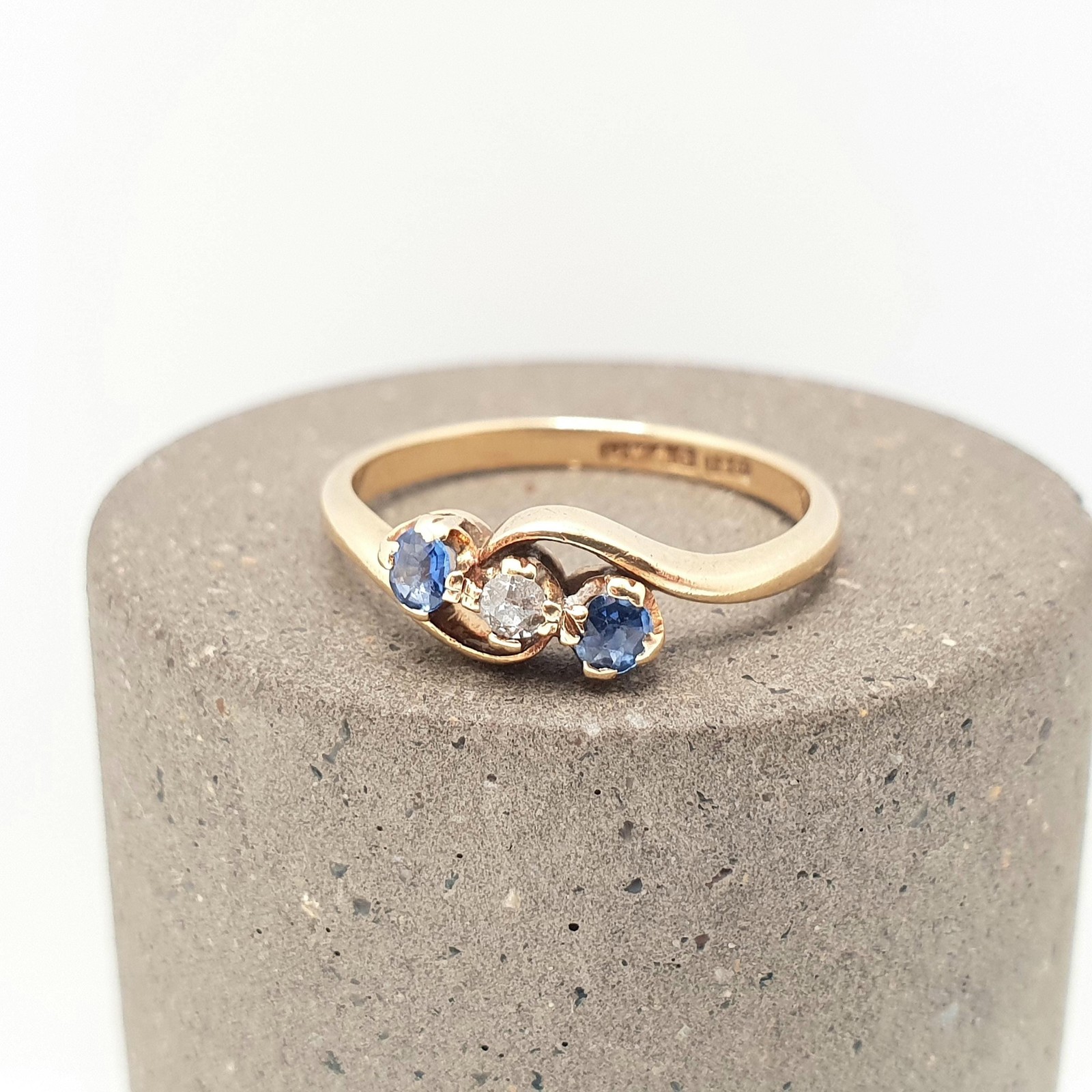Antique Sapphire & Diamond Ring 18k 18ct Solid Gold 750 Trilogy Old Cut Genuine