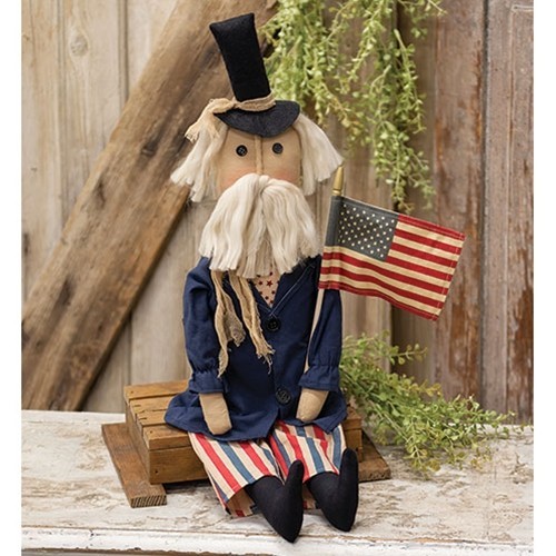New Primitive Americana Patriotic UNCLE SAM WITH FLAG DOLL Figure 25″