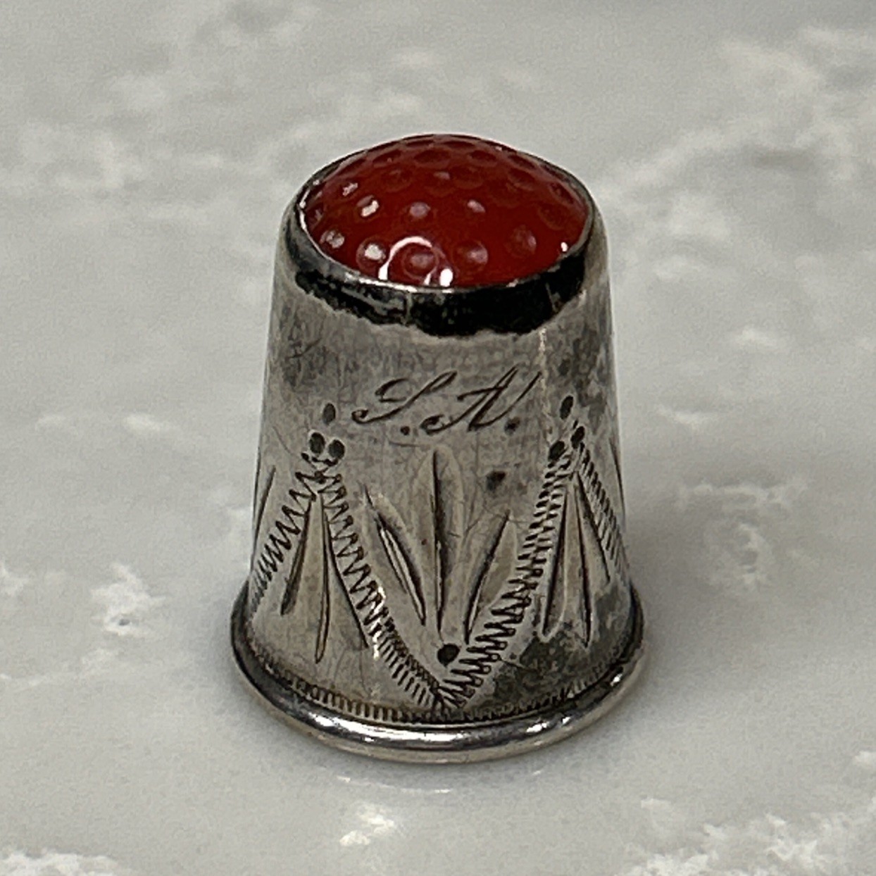 Antique Red Glass Stone Top Etched 830 Silver Thimble w/ Initials