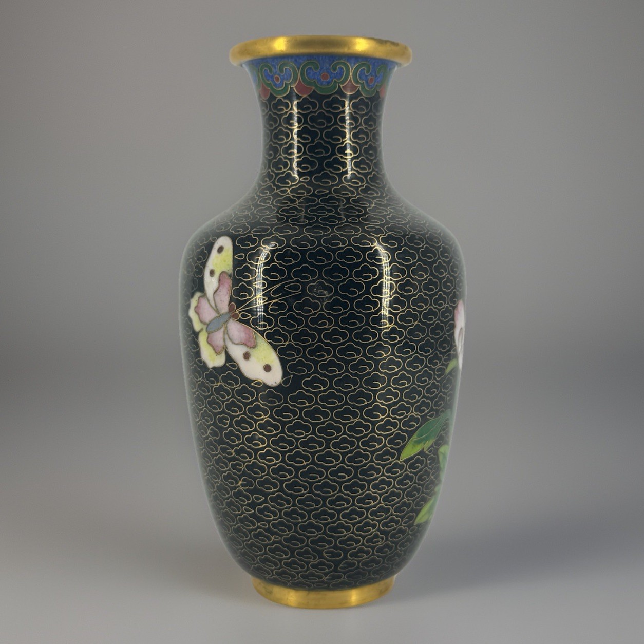 Vintage Cloisonné Vase Chinese Copper Black Pink Enamel Floral Peony Butterfly