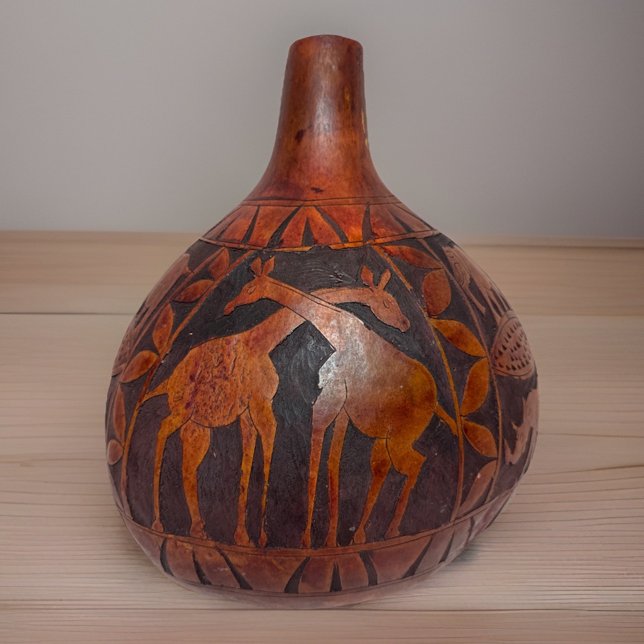 Kenya African Tribal Handmade Carved Gourd Water Vessel Art 12 x 10 in