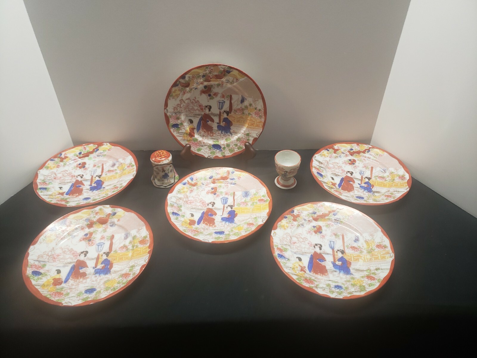 Vintage Japanese Hand Painted Porcelain Geisha Girl 6 Plates Egg Cup Salt Shaker
