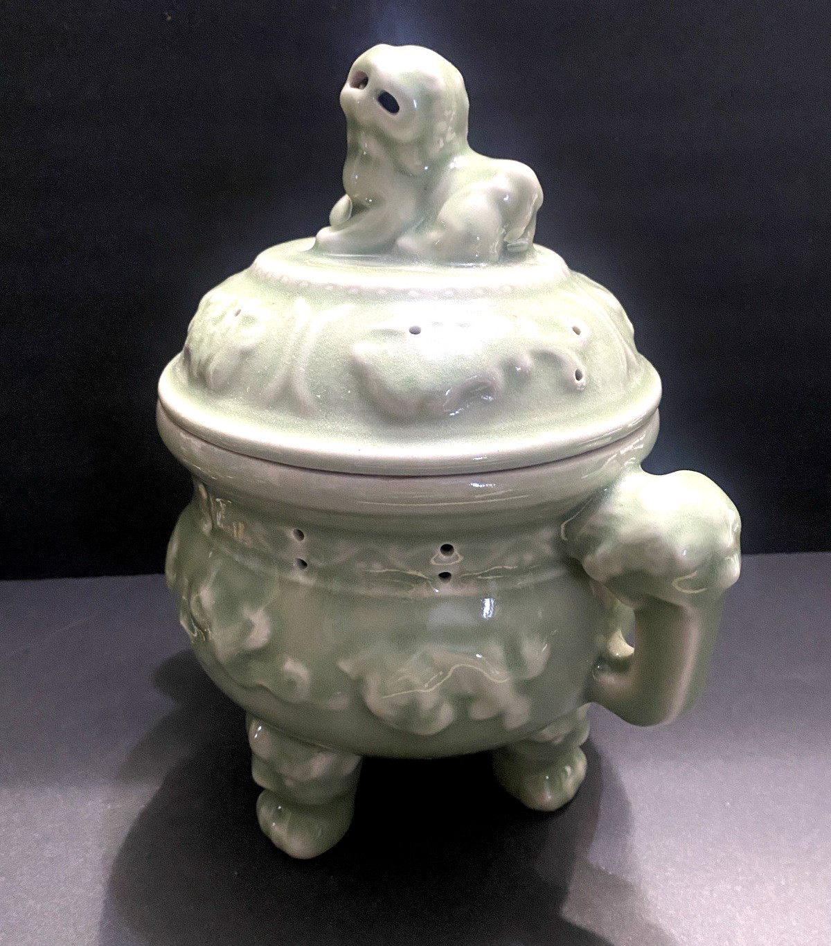 Vintage Green Celadon Incense Burner Tripod Base Foo Dog Lid.