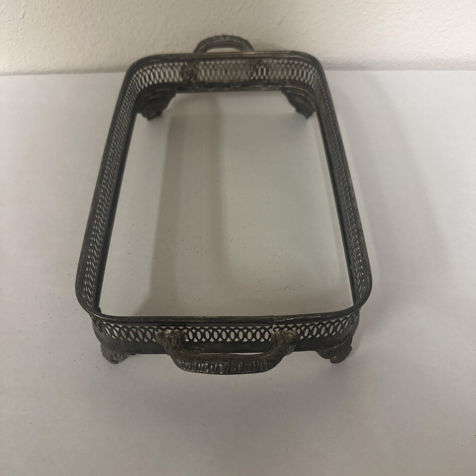 Victorian Silverplate Rectangular Tray holder W/Ornate Handles&Feet 7×11”