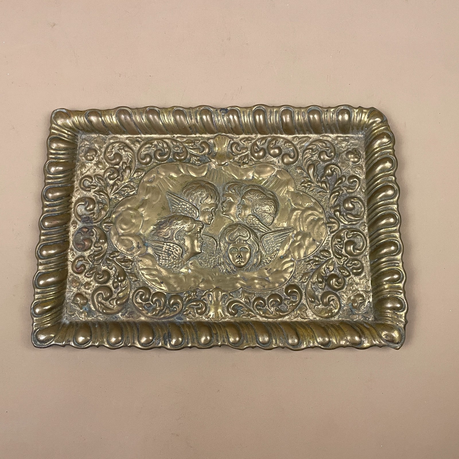 Antique Brass Tray Metal Rectangle Decorative Babies Cherubs Arts & Crafts Small
