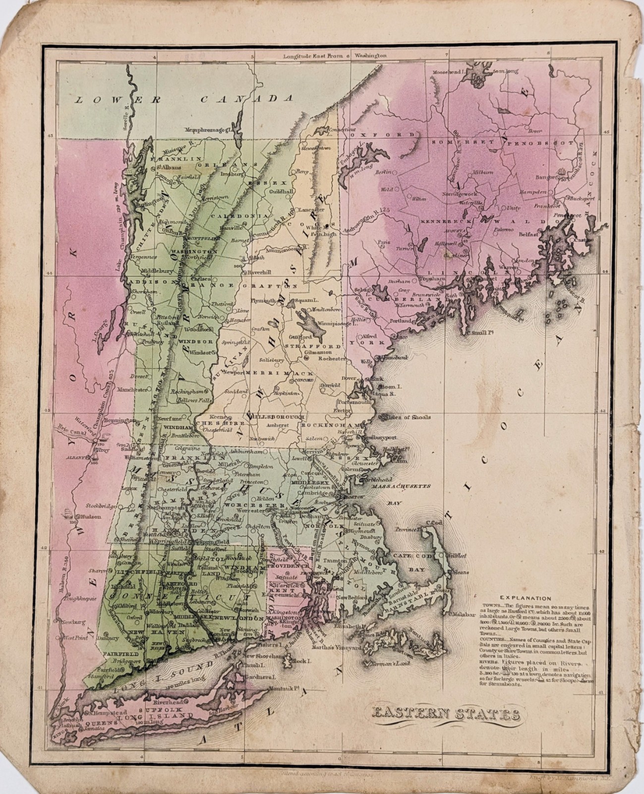 1832 NEW ENGLAND Map EASTERN STATES Maine – Long Island – New Hampshire Vermont