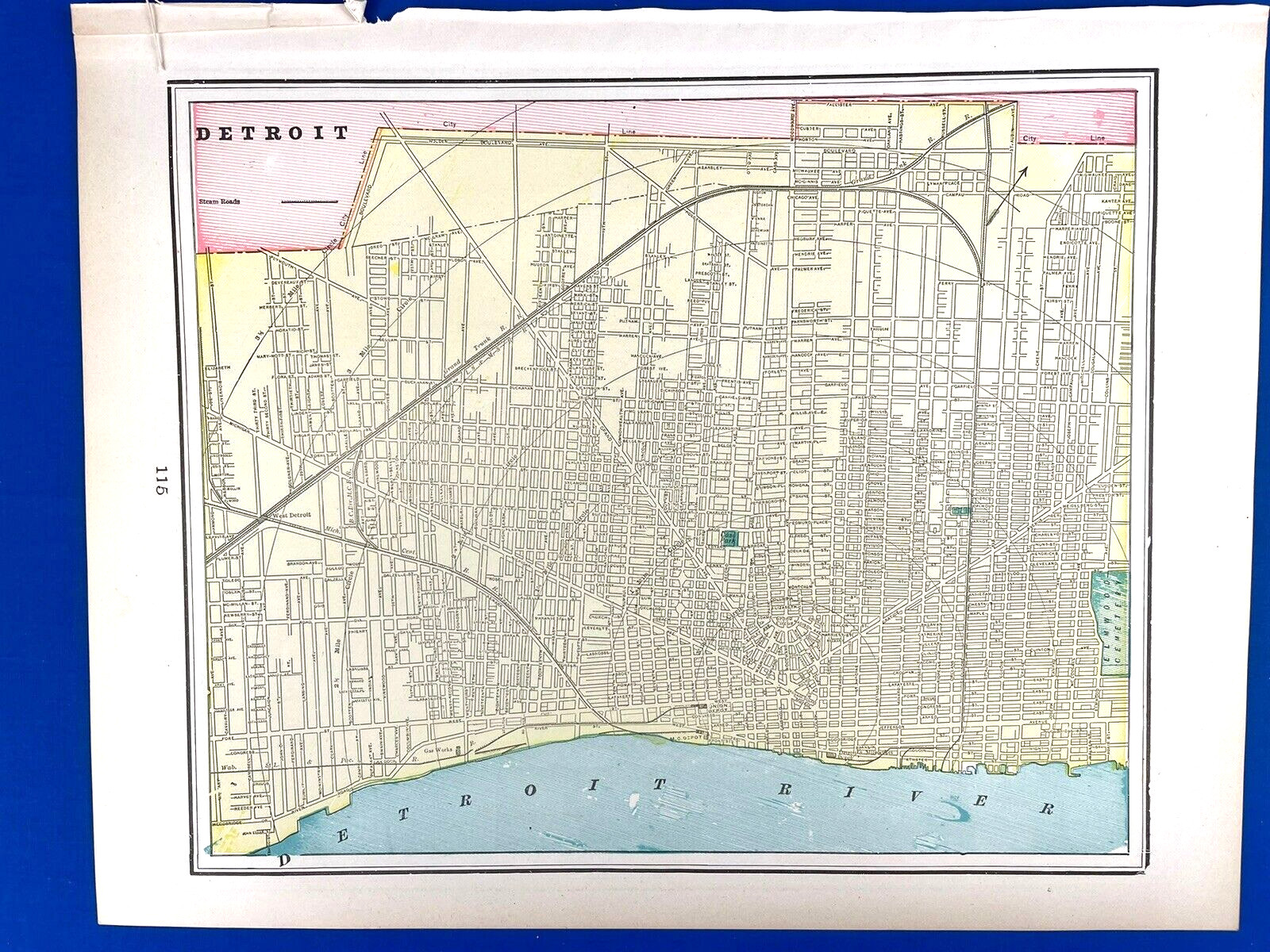 1898 Colored DETROIT Map w/ GRAND RAPIDS on Reverse 14.5″ x 11.5″, Clean Map