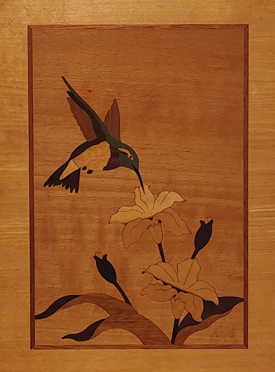 HUDSON RIVER INLAY PICTURE – HUMMINGBIRD – WOOD MARQUETRY by NELSON 10X13 #4