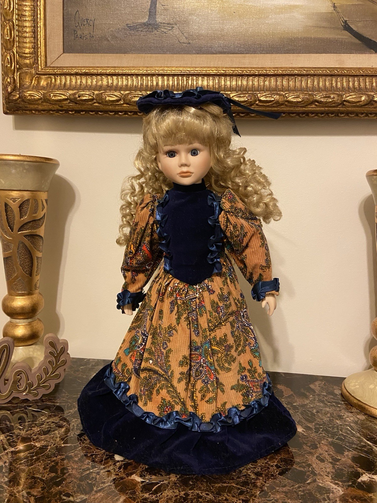 Antique Beautiful Porcelain Doll. Velvet Blue And Brown Corduroy Dress 14”