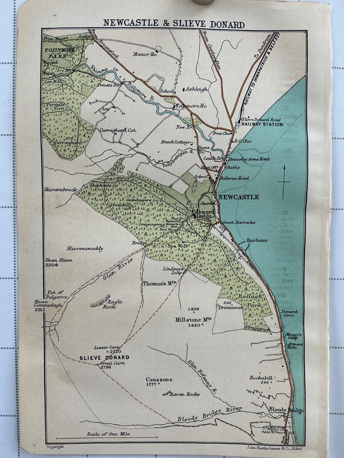 NEWCASTLE – SLIEVE DONARD 1909 Original Antique County Map Ireland Bloody Bridge