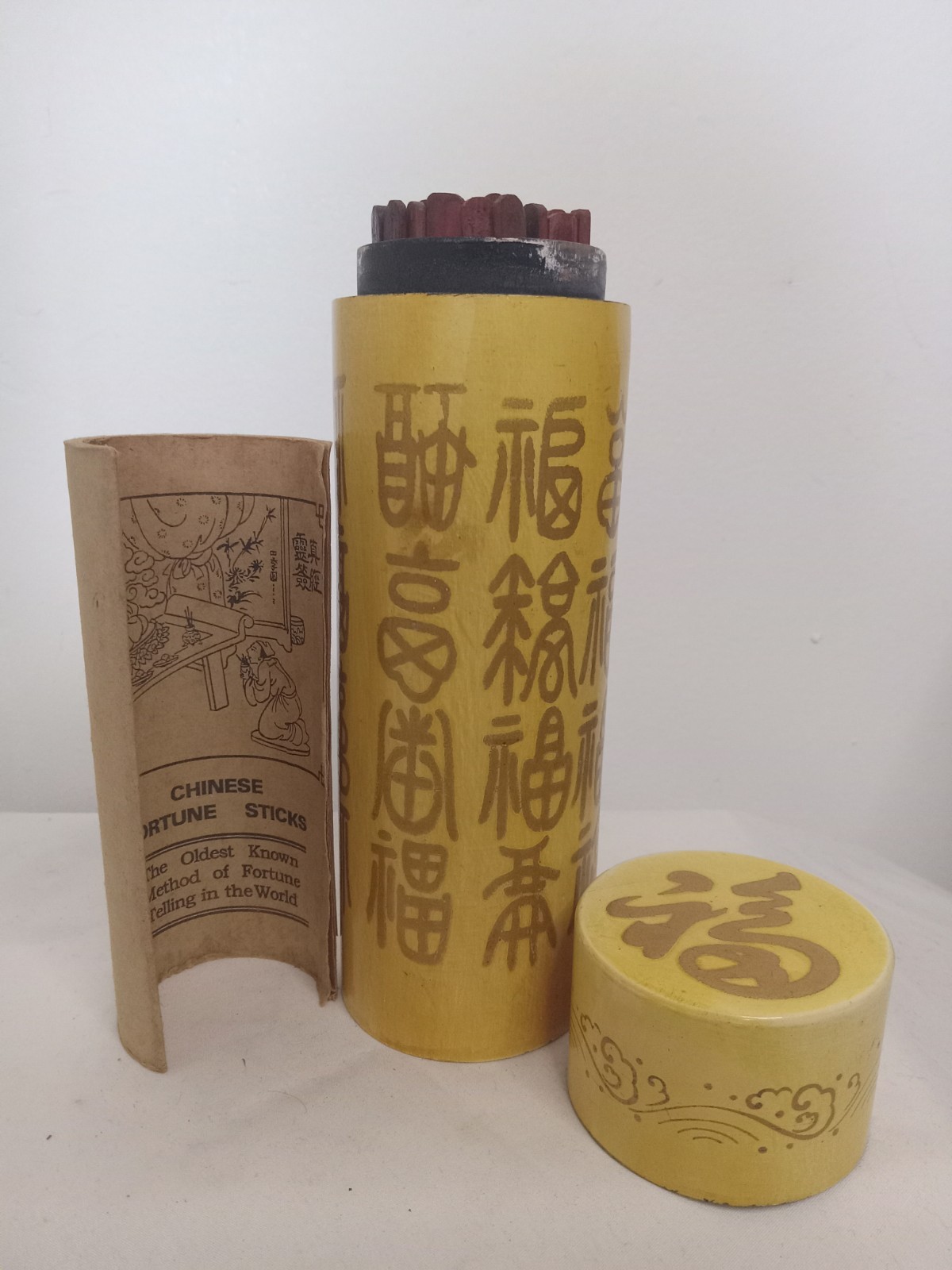 Antique Chinese Fortune Sticks in Yellow Wood Box Count 60 w/ English Manual