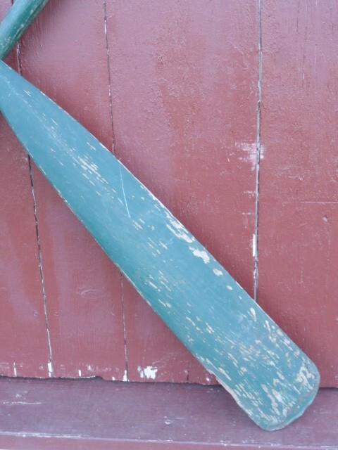 Antique Boat Oars 7 1/2′ Long Wonderful Old Green Paint Decorative Copper Tips